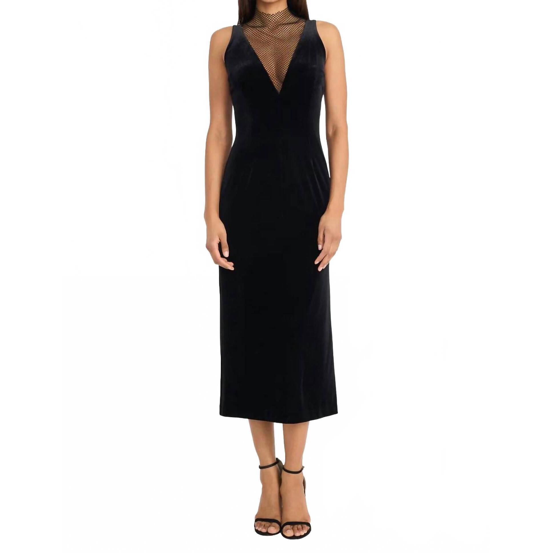 New Donna Morgan Plunge Mesh Velvet Midi Dress In Black